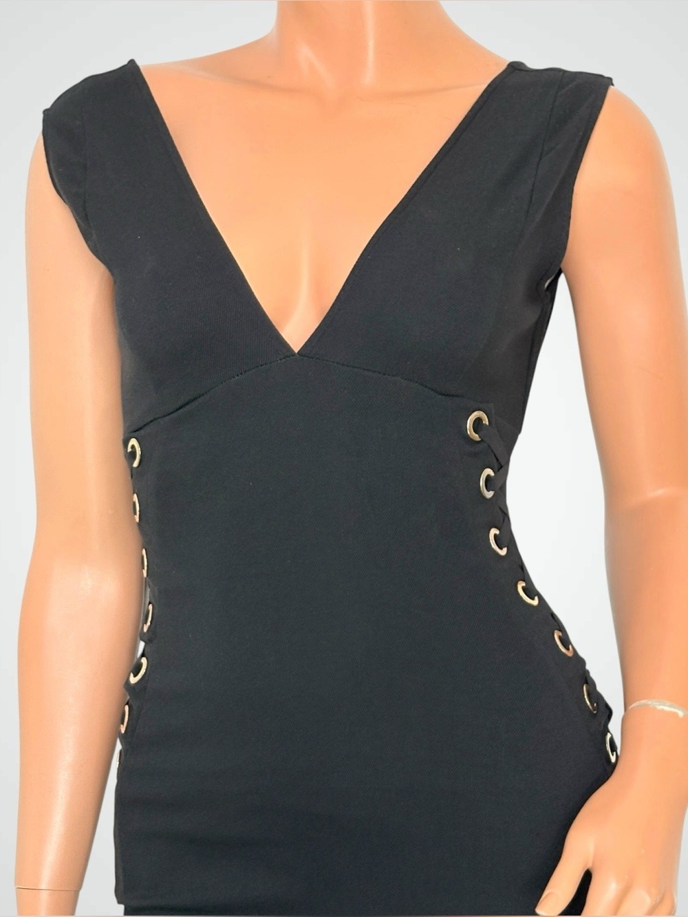 90s Black Gold Grommet Lace-Up Corset Dress XS Indie Sleaze Mall Goth Whimsigoth - Picture 2 of 13